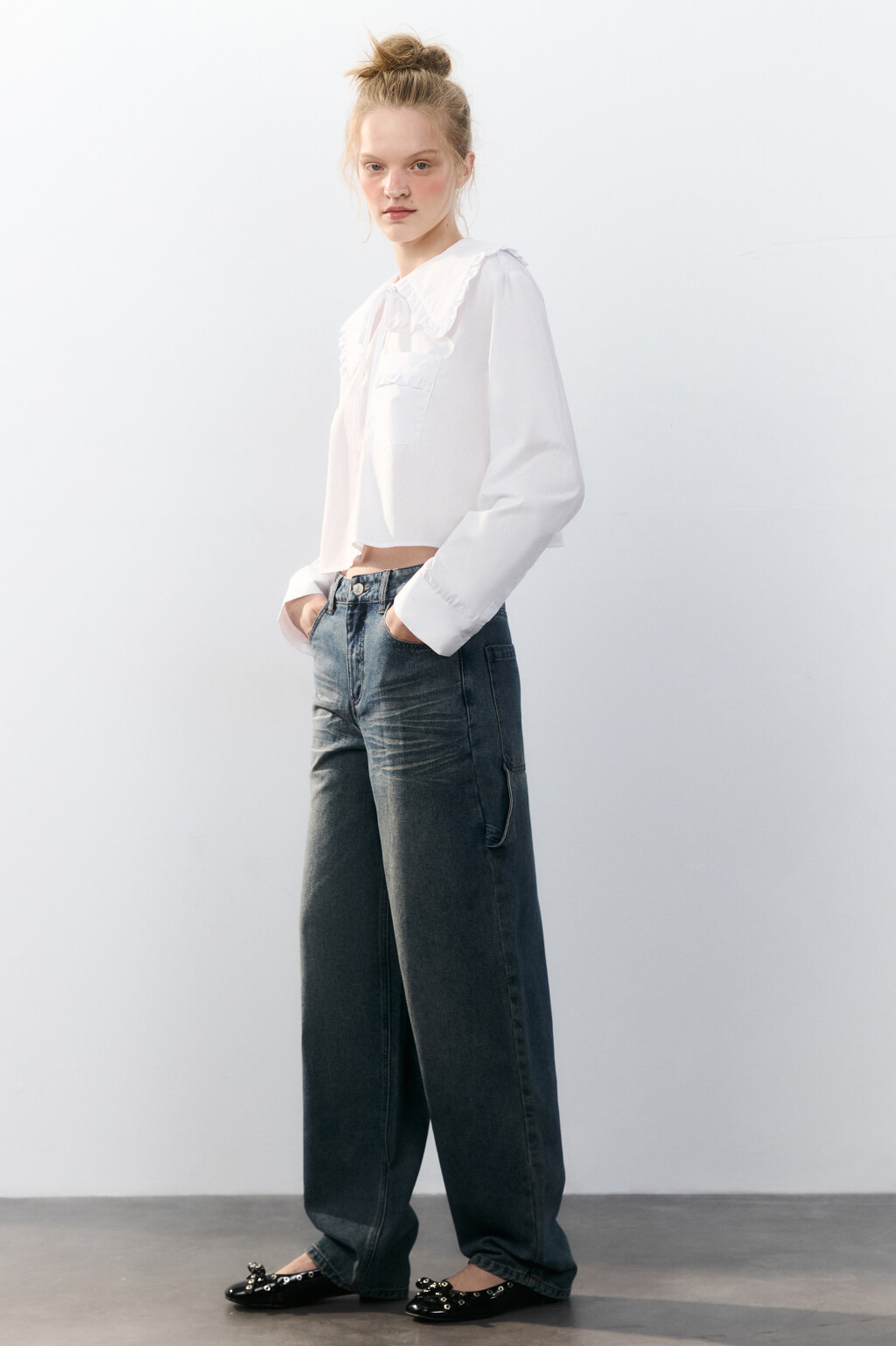 Джинсы широкие с декоративной петлей - цвет темный тинт - 1