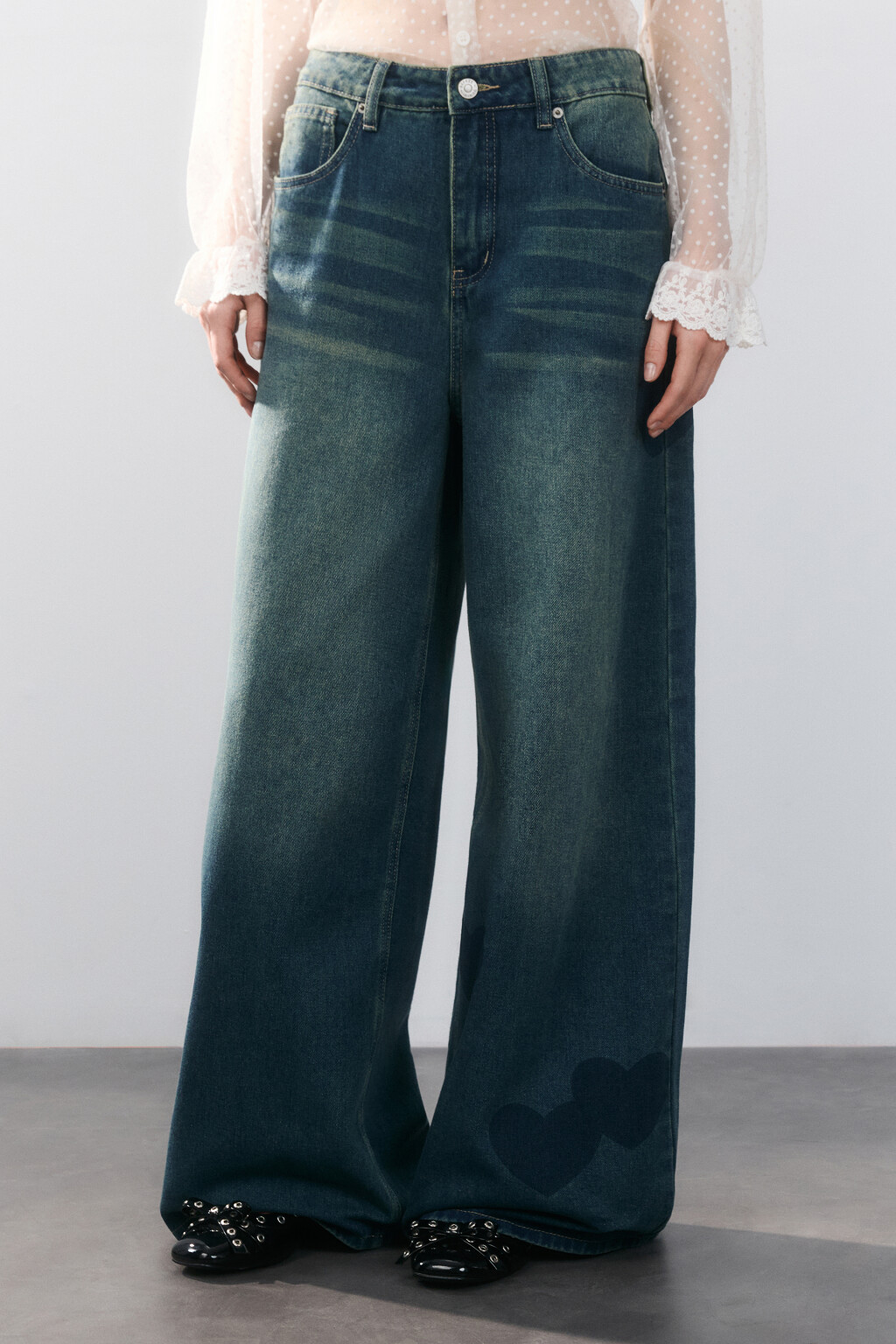 Джинсы baggy fit с сердечками - цвет темный тинт - 3