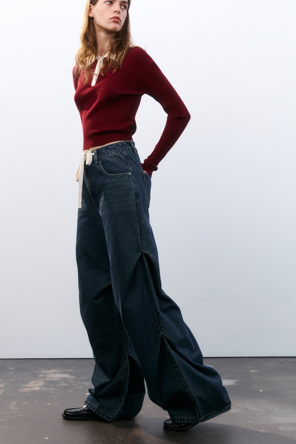 Джинсы baggy со складками и шнурком - цвет синий - 1