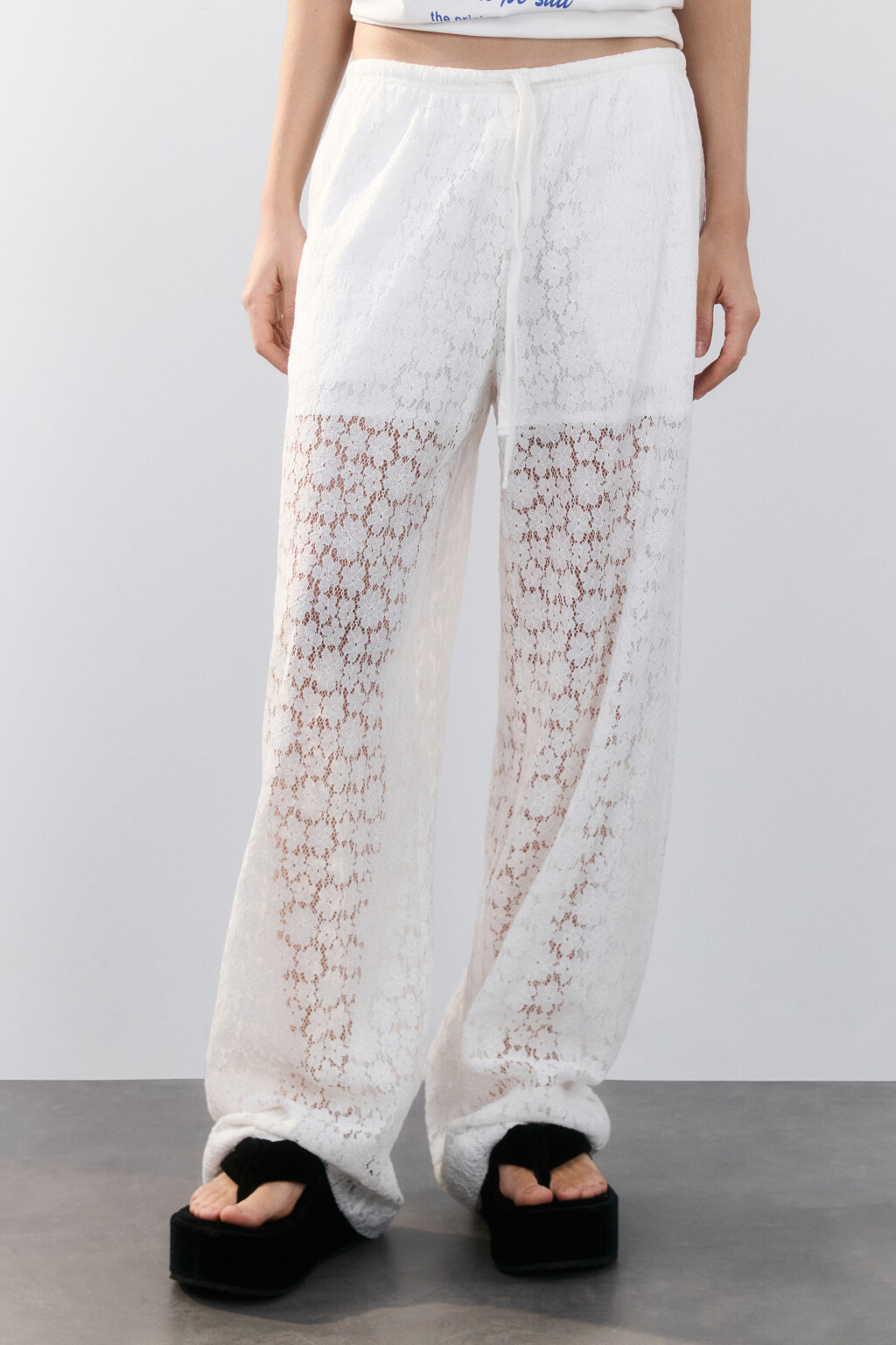 Брюки ажурные с короткой подкладкой - цвет молочный - 2