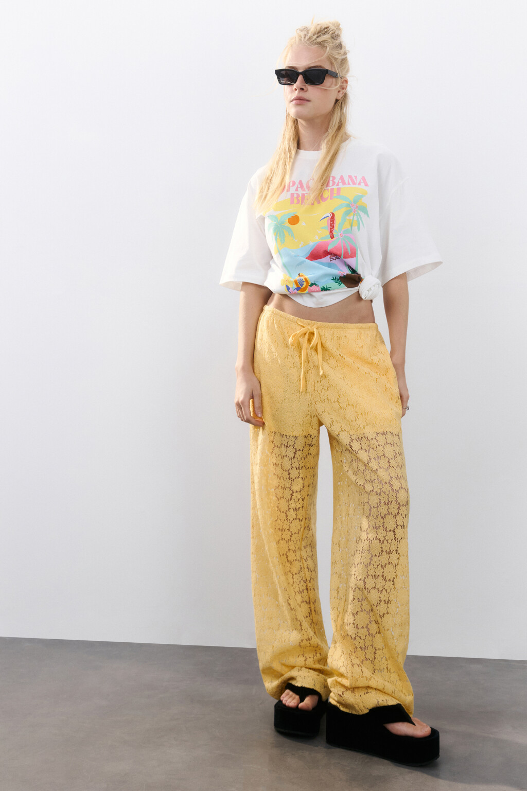 Брюки ажурные с короткой подкладкой - цвет желтый - 1