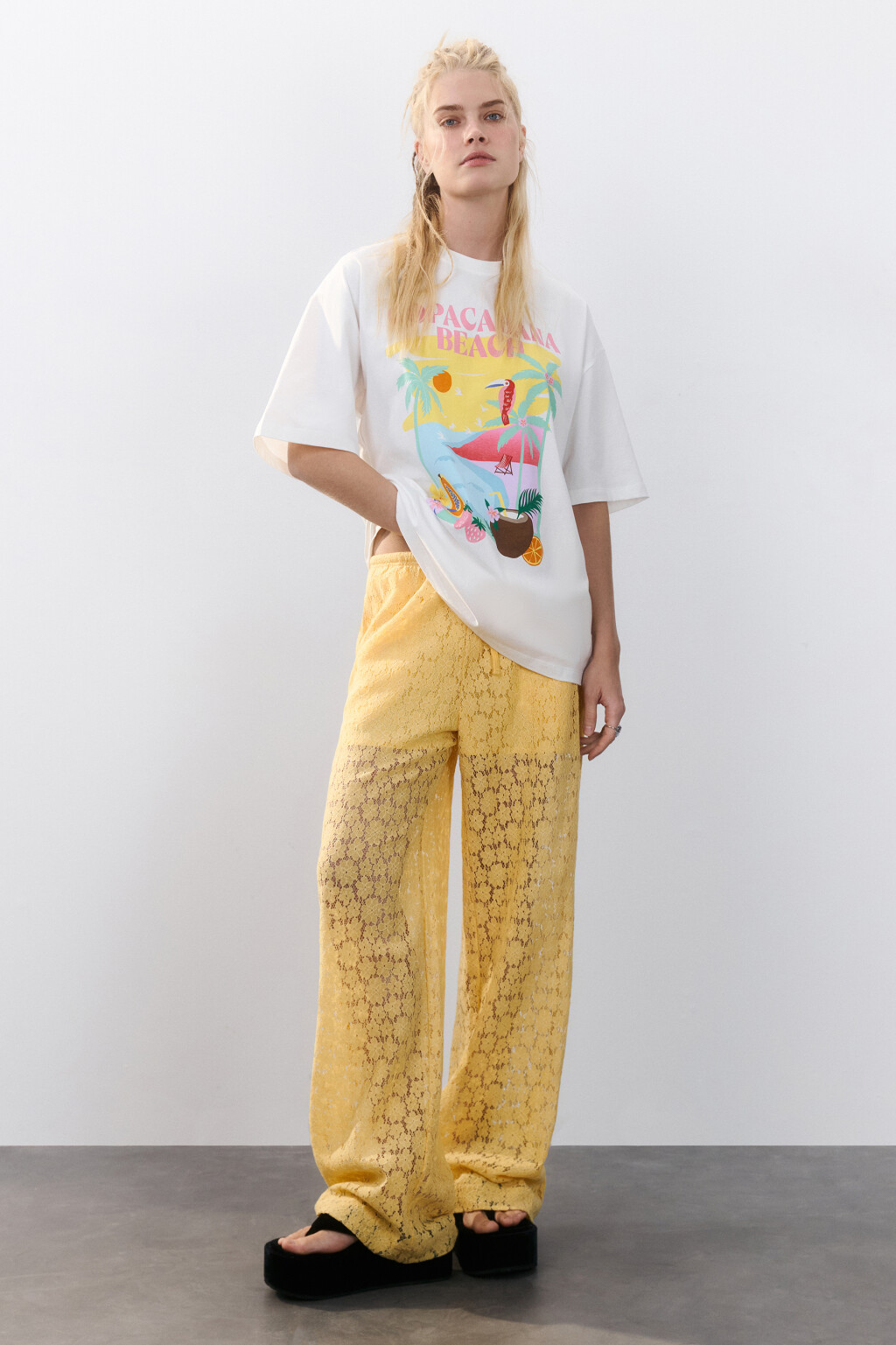 Брюки ажурные с короткой подкладкой - цвет желтый - 4