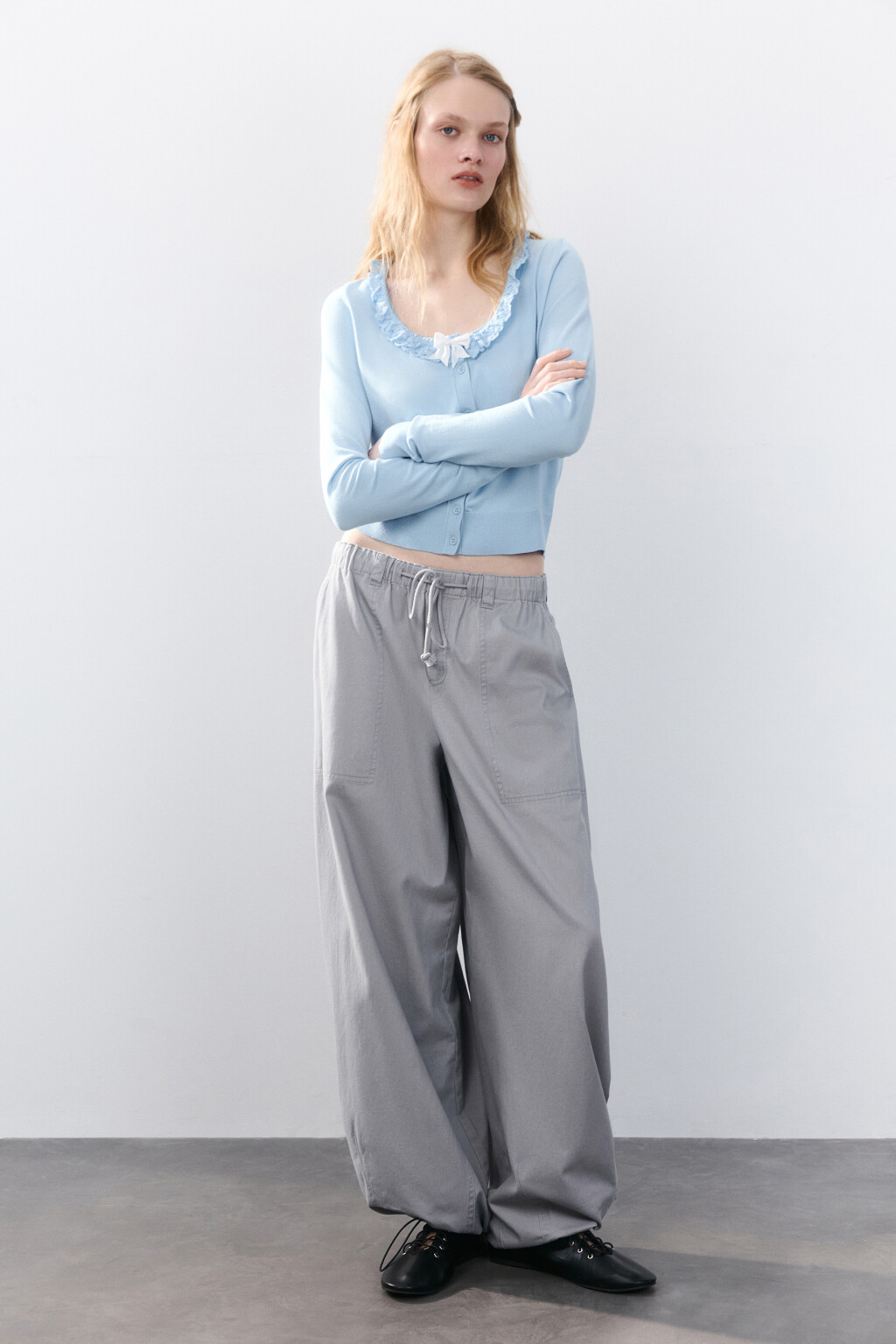 Брюки barrel fit твиловые с завязками - цвет серый - 1