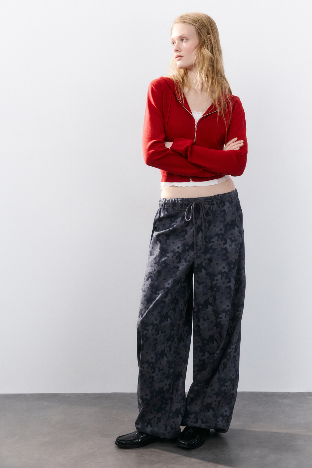 Брюки barrel fit твиловые с завязками - цвет серый - 1