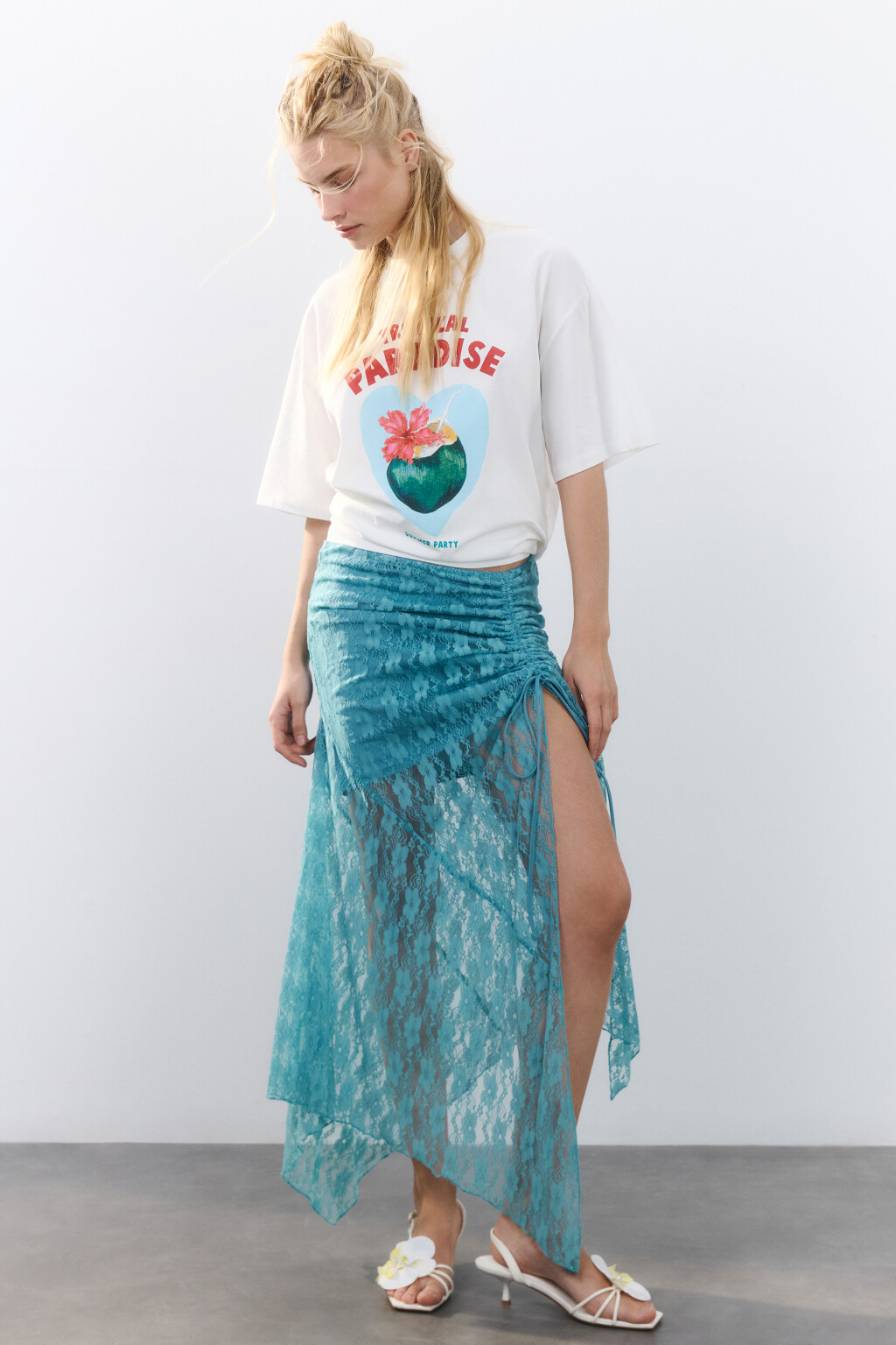 Юбка миди кружевная асимметричная - цвет зеленый - 1