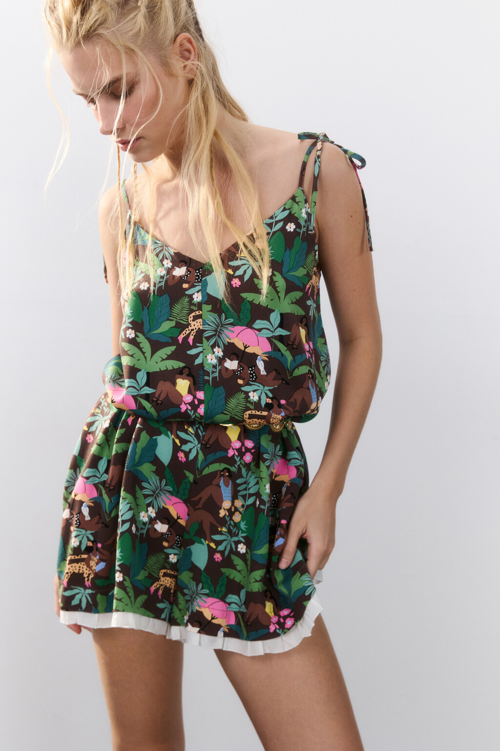 Комбинезон короткий с бретелями-завязками - цвет мультиколор - 1