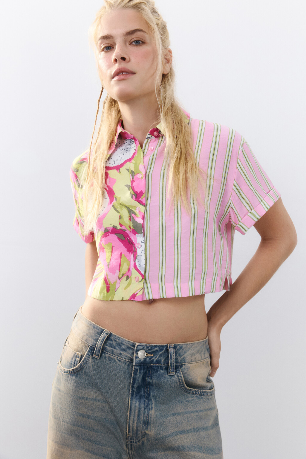 Рубашка укороченная с принтом - цвет розовый - 1