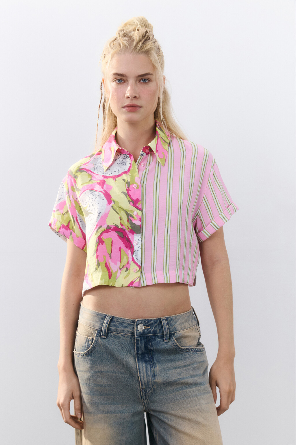 Рубашка укороченная с принтом - цвет розовый - 2
