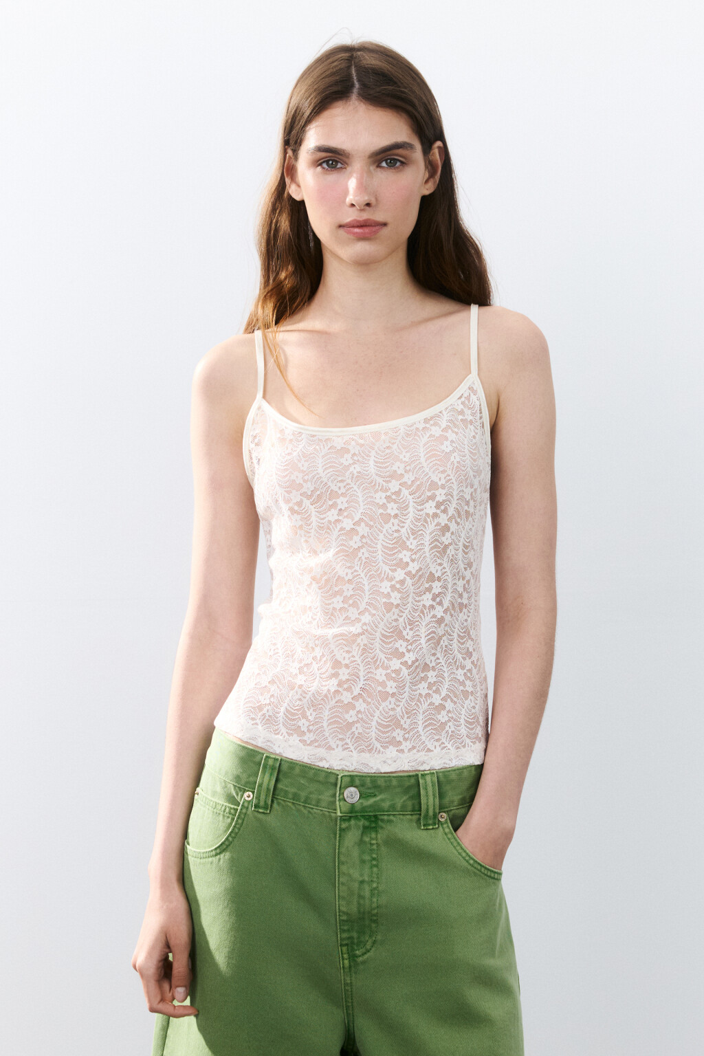 Майка ажурная на тонких бретельках - цвет белый - 2