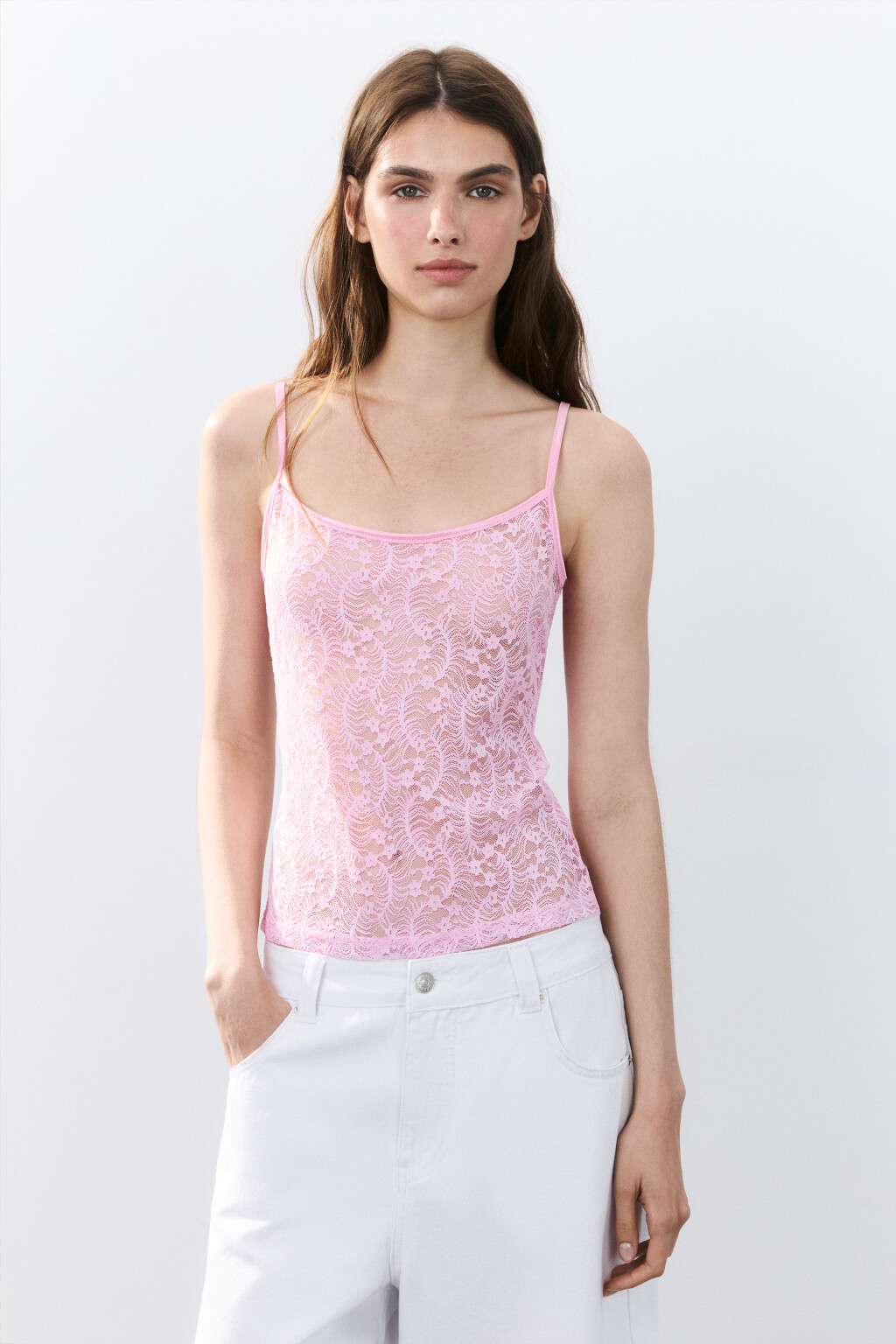 Майка ажурная на тонких бретельках - цвет розовый - 2