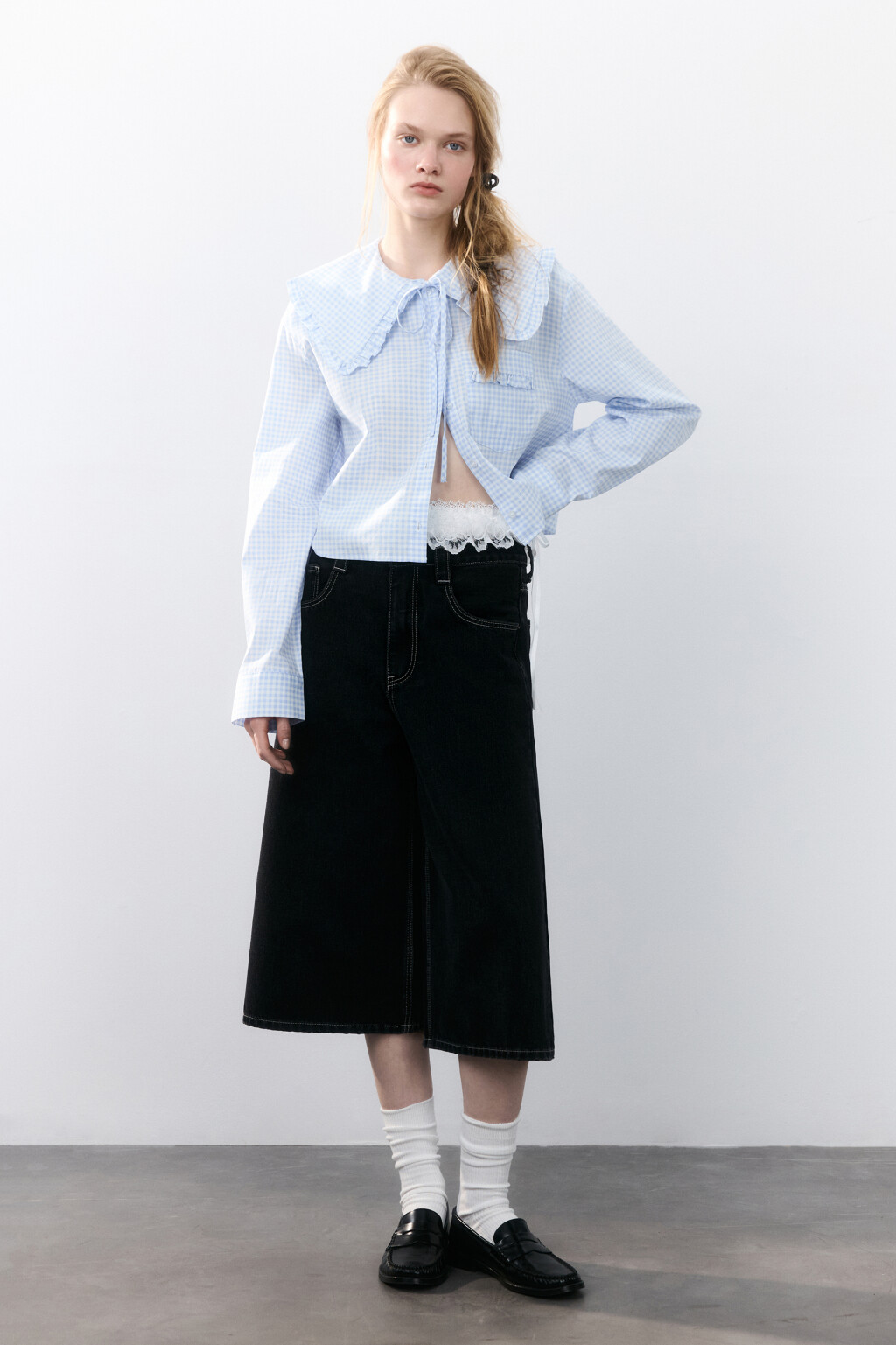 Блузка с воротником на завязках - цвет голубой - 4