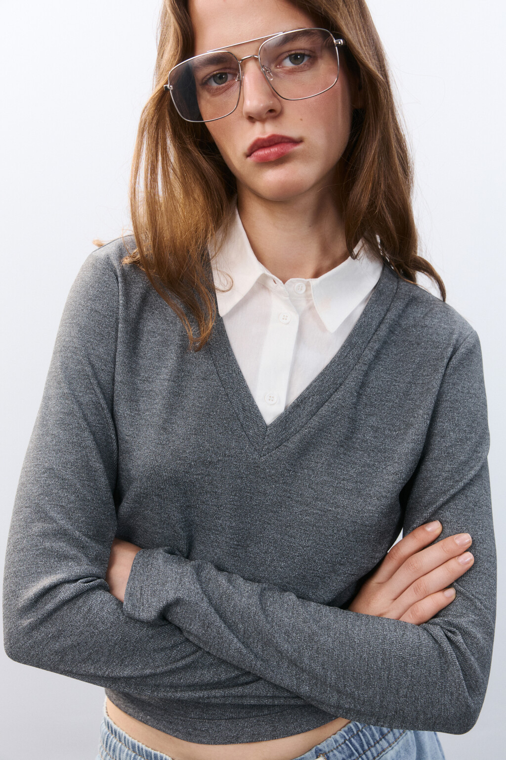 Лонгслив с рубашечным воротником - цвет серый - 1