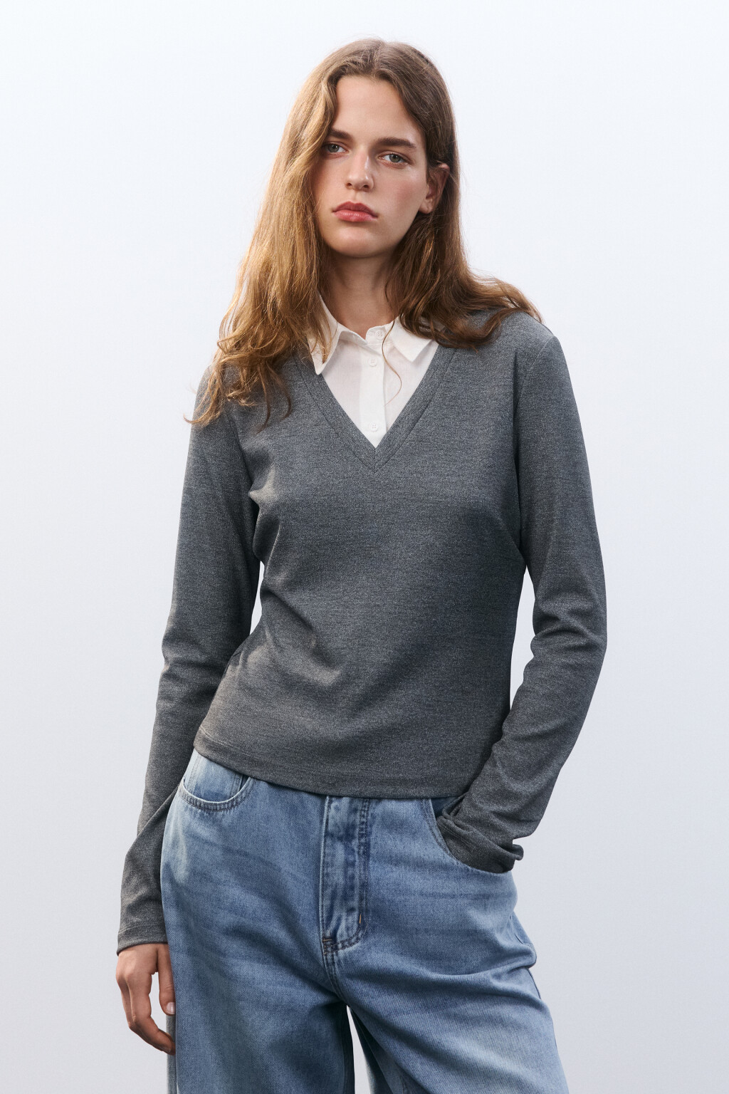 Лонгслив с рубашечным воротником - цвет серый - 2