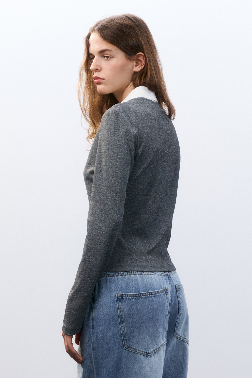 Лонгслив с рубашечным воротником - цвет серый - 3