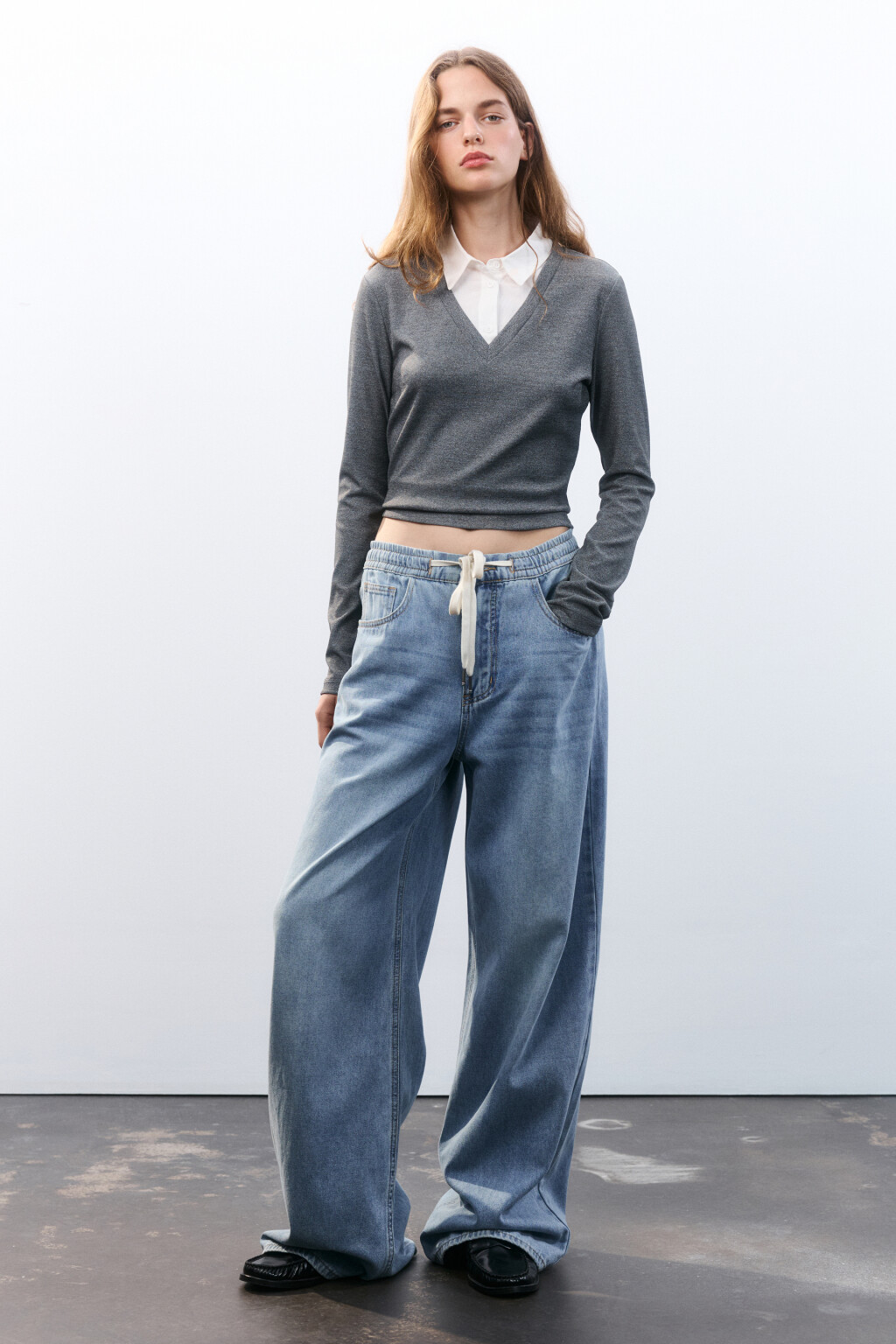 Лонгслив с рубашечным воротником - цвет серый - 4