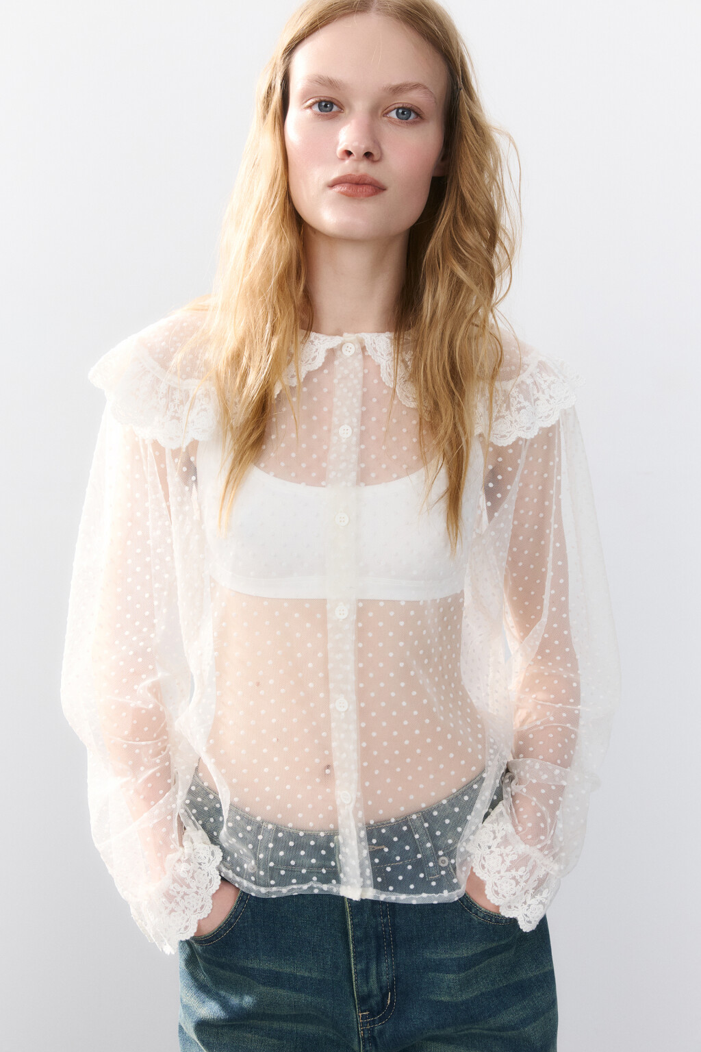 Блузка из сетки с кружевом - цвет белый - 1