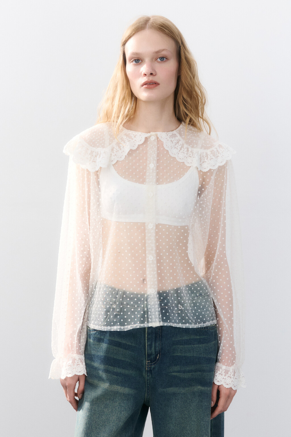 Блузка из сетки с кружевом - цвет белый - 2