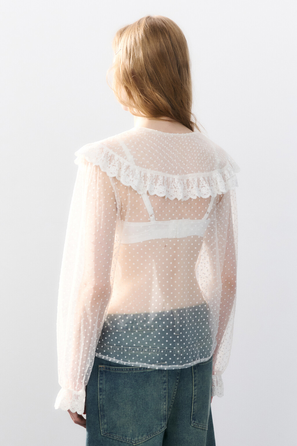 Блузка из сетки с кружевом - цвет белый - 3