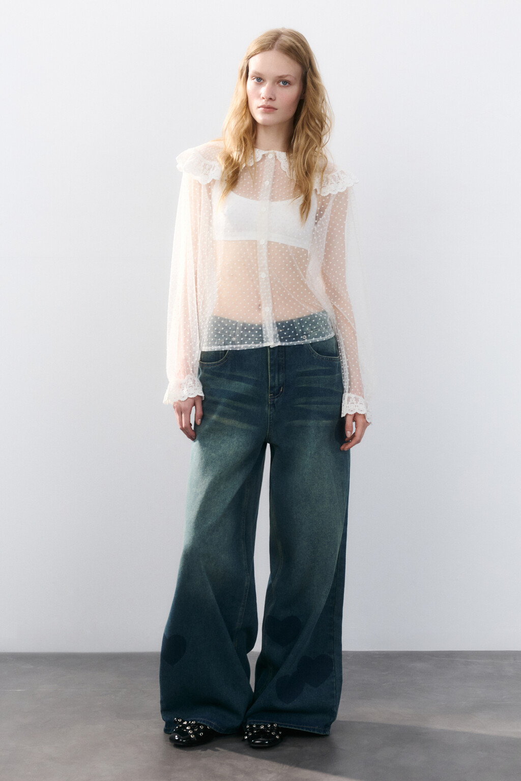 Блузка из сетки с кружевом - цвет белый - 4