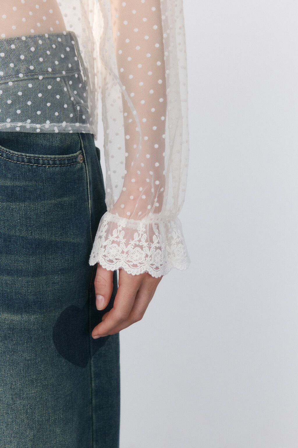 Блузка из сетки с кружевом - цвет белый - 6