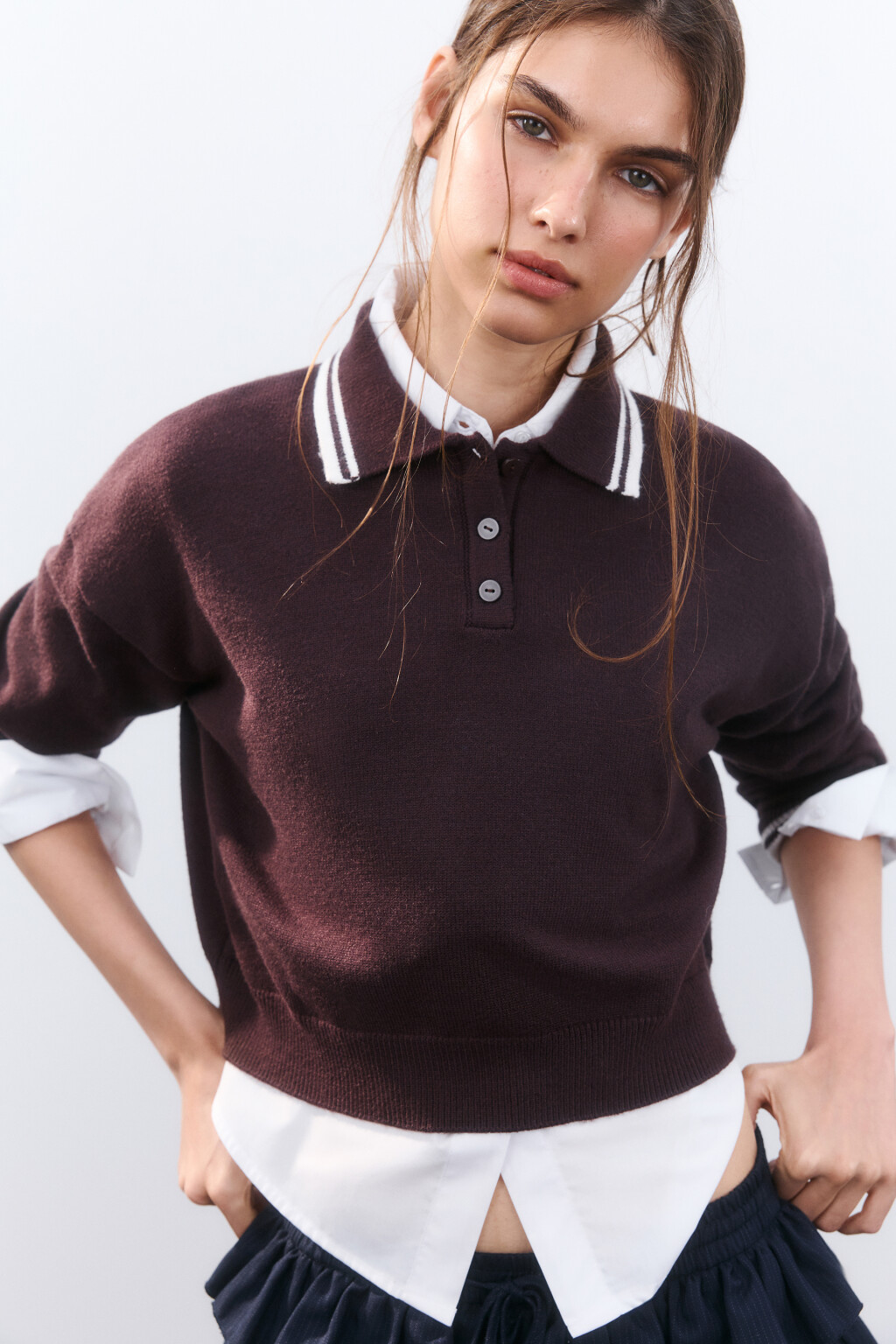 Джемпер-поло из вязаного трикотажа - цвет коричневый - 2