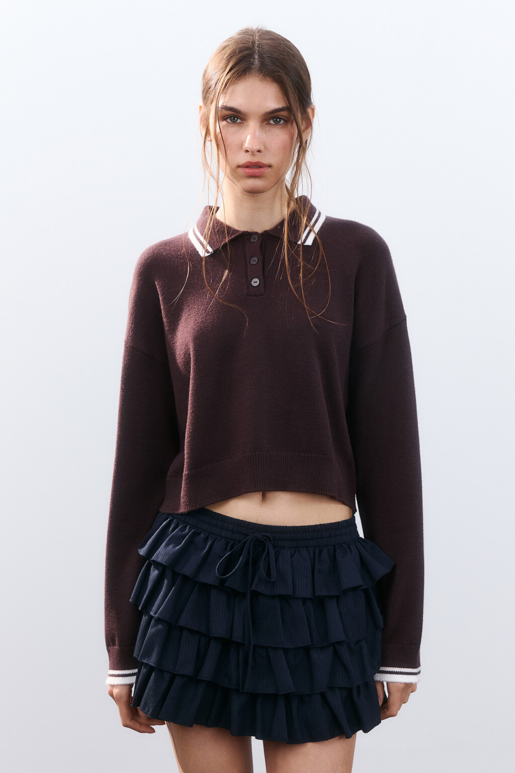 Джемпер-поло из вязаного трикотажа - цвет коричневый - 3