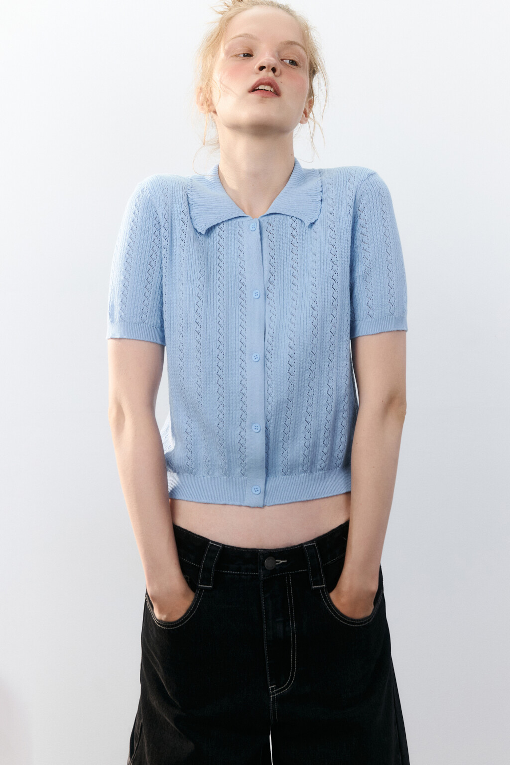Джемпер ажурный на пуговицах - цвет голубой - 1