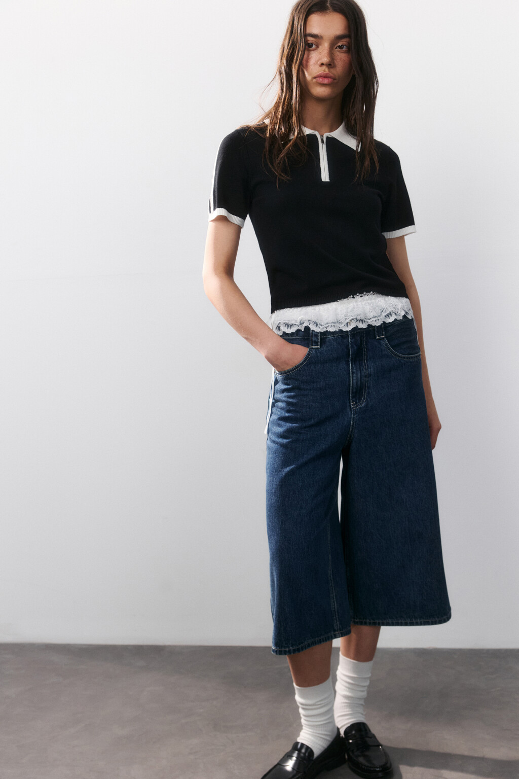 Футболка-поло вязаная с молнией - цвет черный - 1