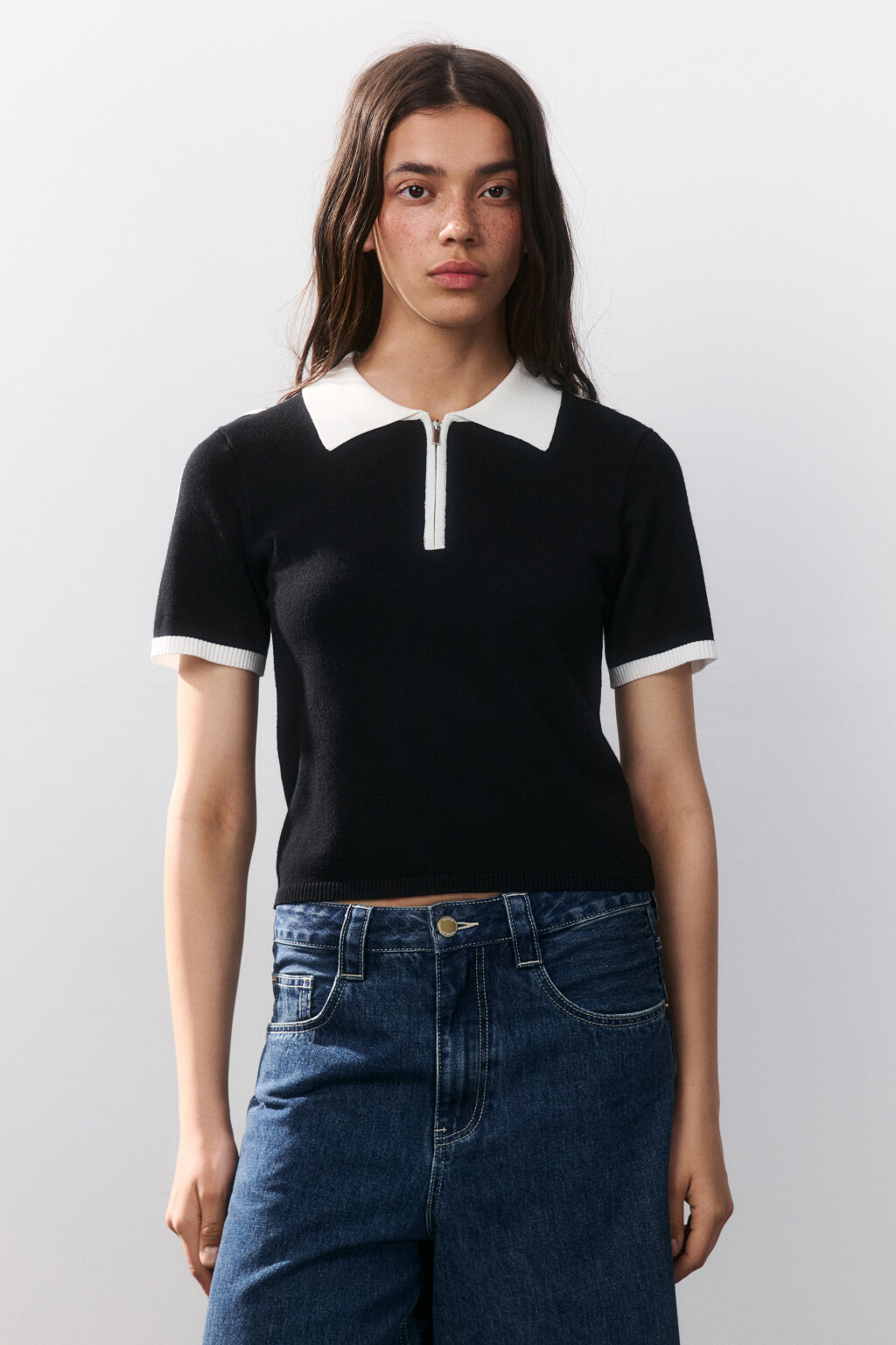 Футболка-поло вязаная с молнией - цвет черный - 2
