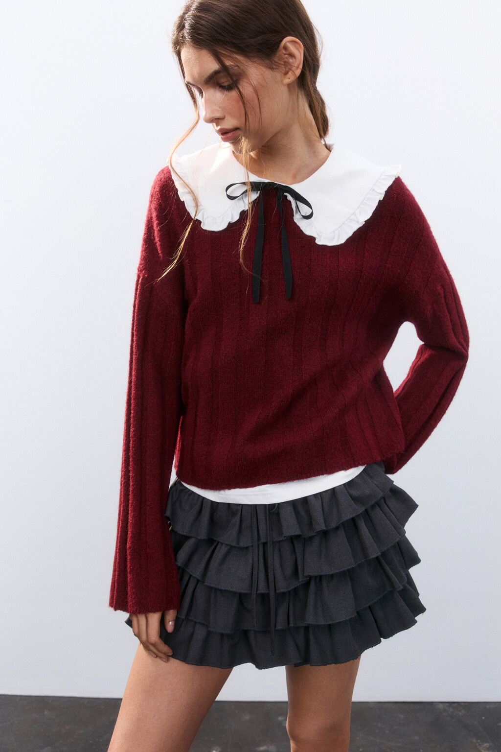 Джемпер вязаный с шерстью - цвет бордовый - 1