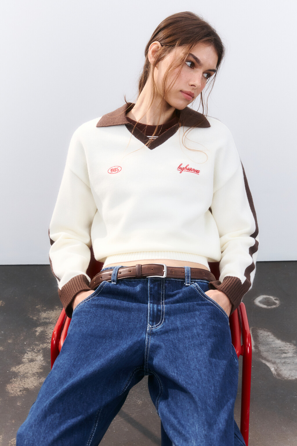 Джемпер-поло вязаный с вышивкой - цвет молочный - 1