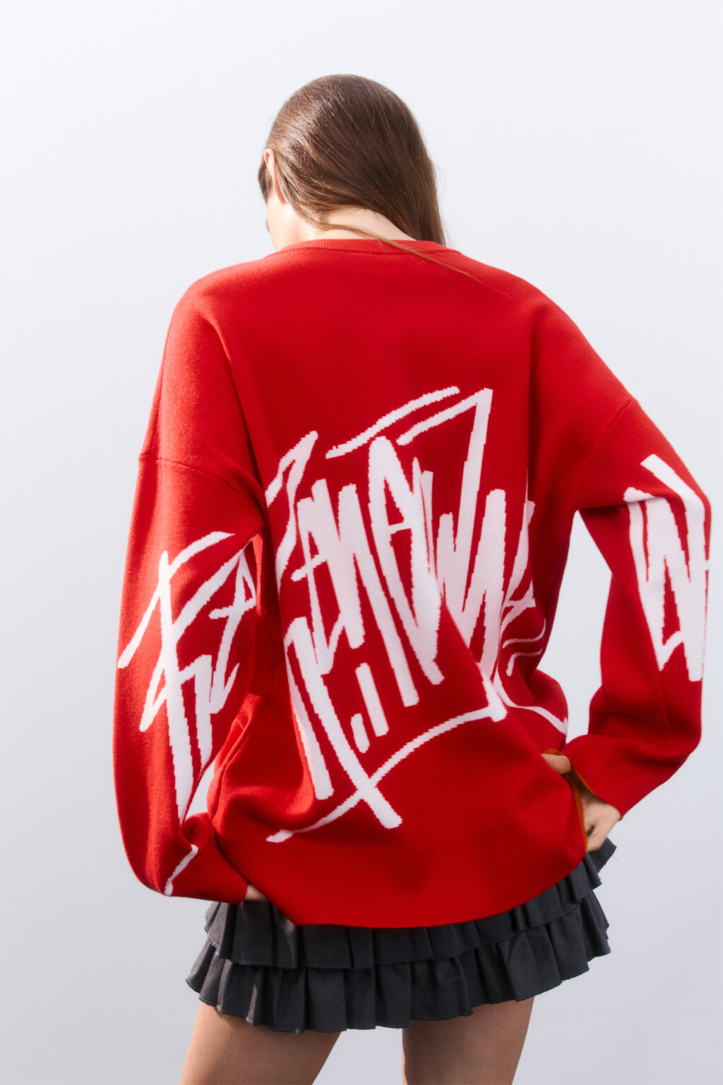 Джемпер вязаный с вышивкой и принтом - цвет красный - 1