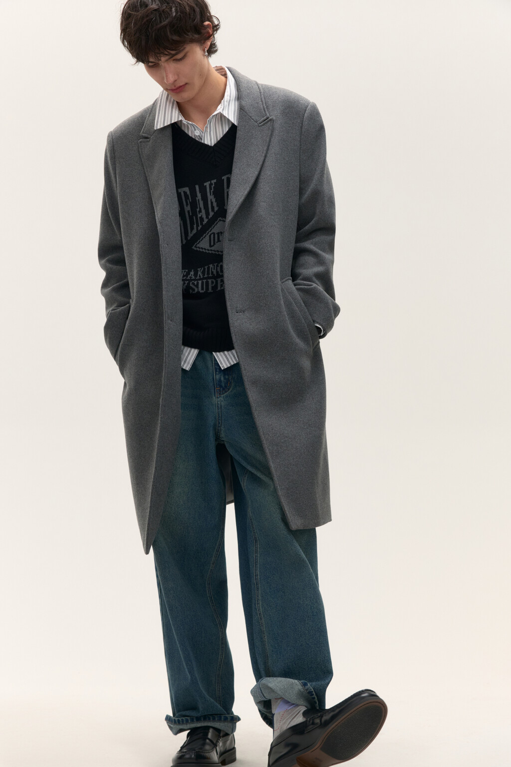 Пальто драповое с шерстью - цвет серый - 1