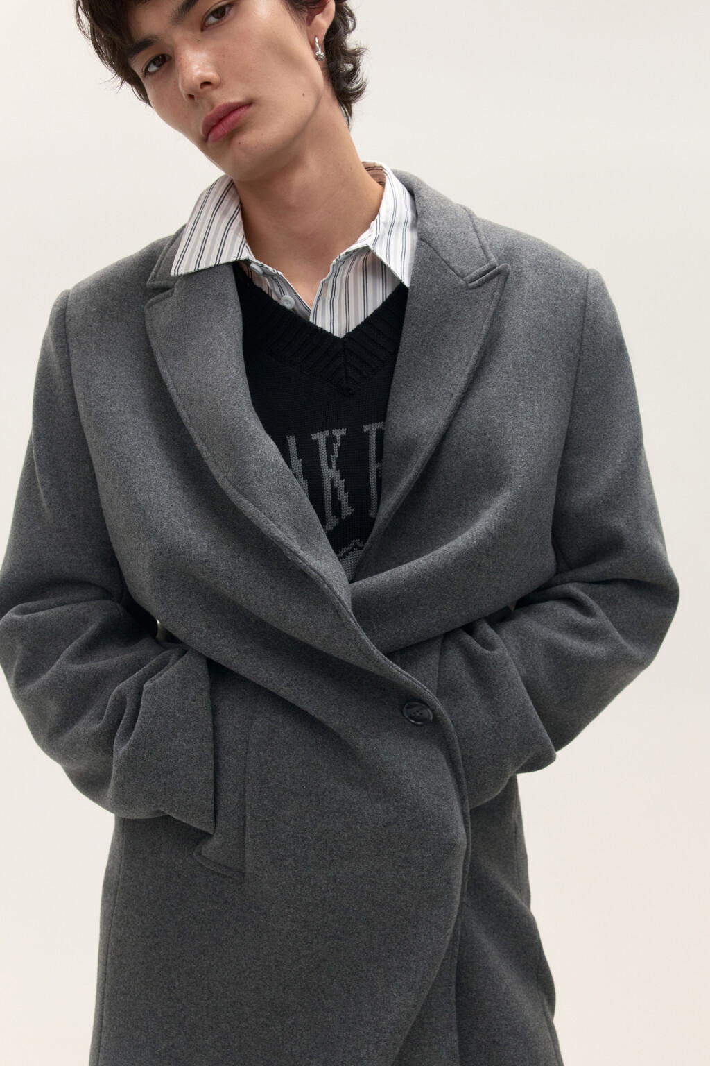 Пальто драповое с шерстью - цвет серый - 2