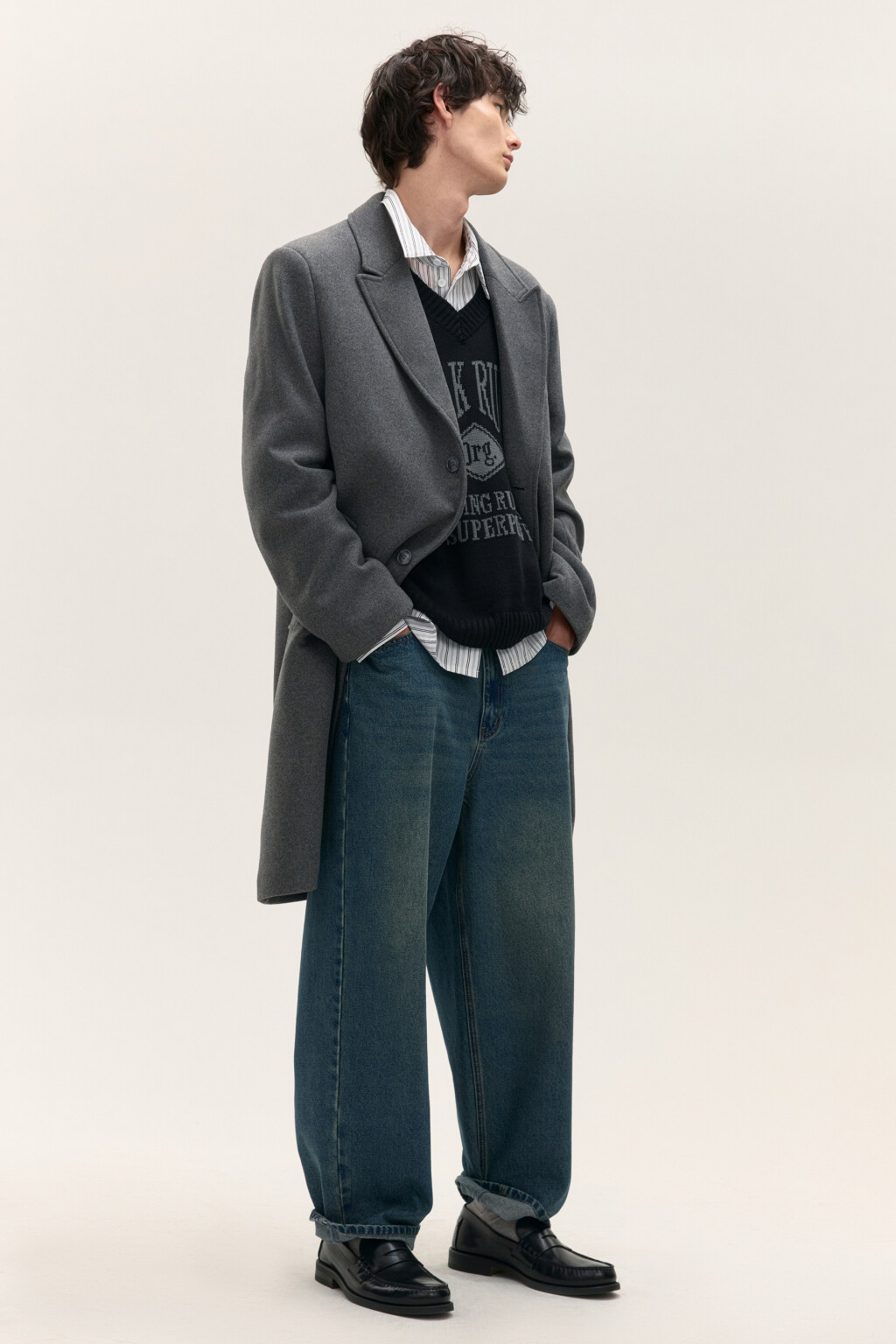 Пальто драповое с шерстью - цвет серый - 3