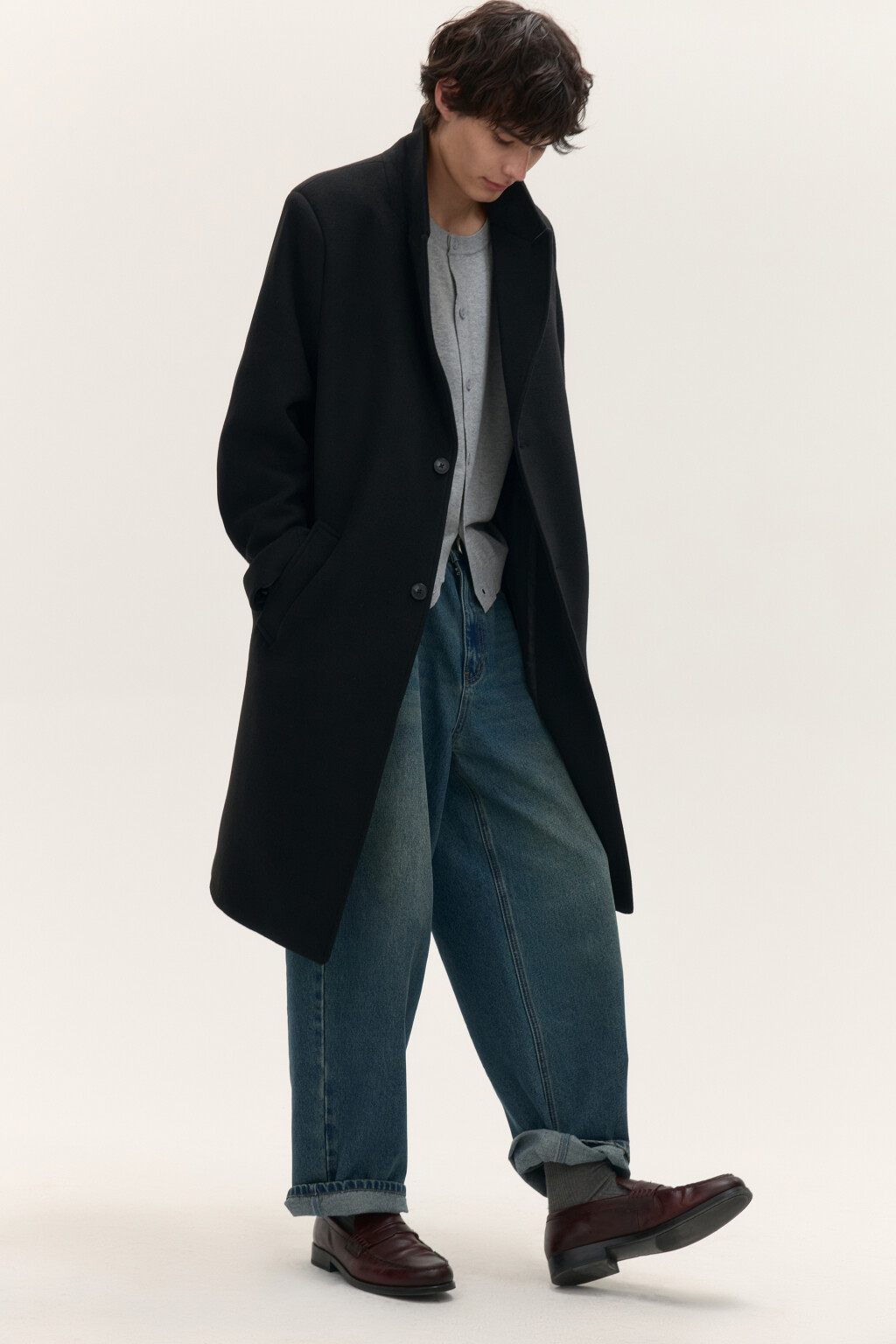 Пальто драповое с шерстью - цвет черный - 1