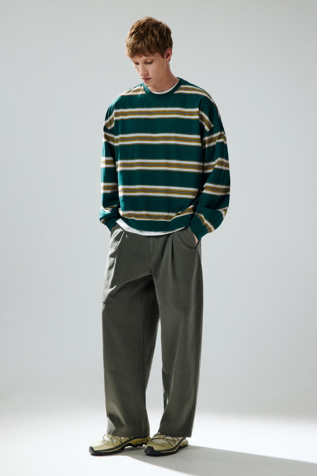 Брюки широкие из хлопкового текстиля - цвет зеленый - 1