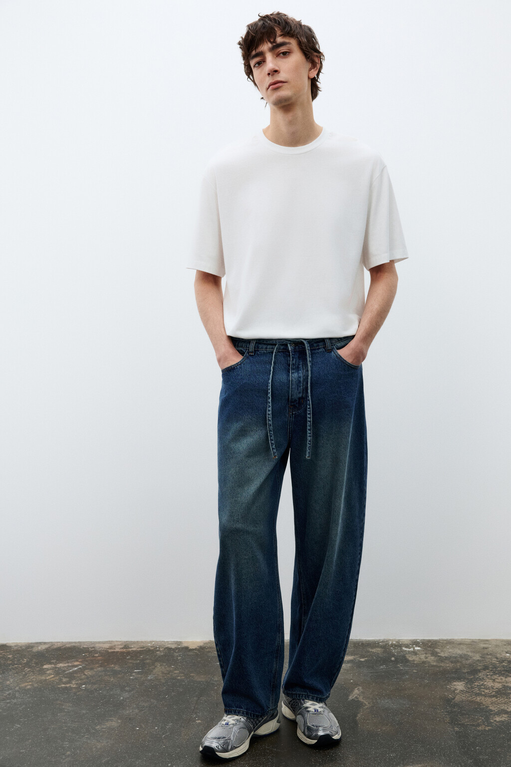 Джинсы baggy fit с поясом-шнурком - цвет синий - 1