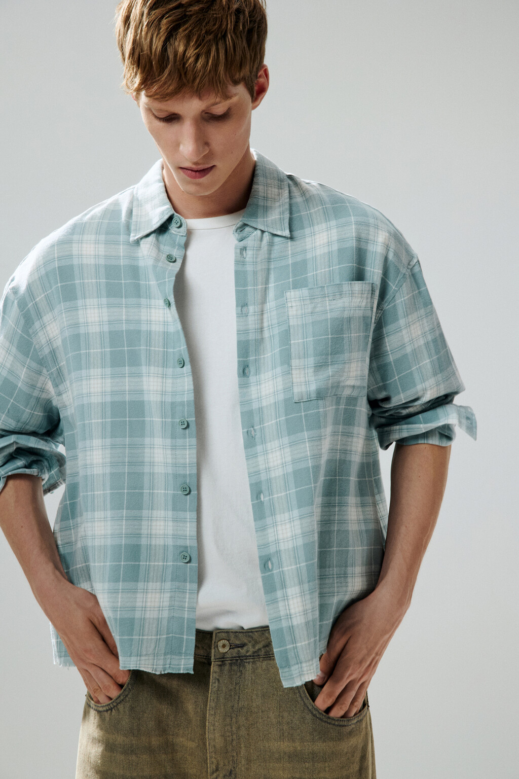 Рубашка в клетку с карманом - цвет мятный - 1