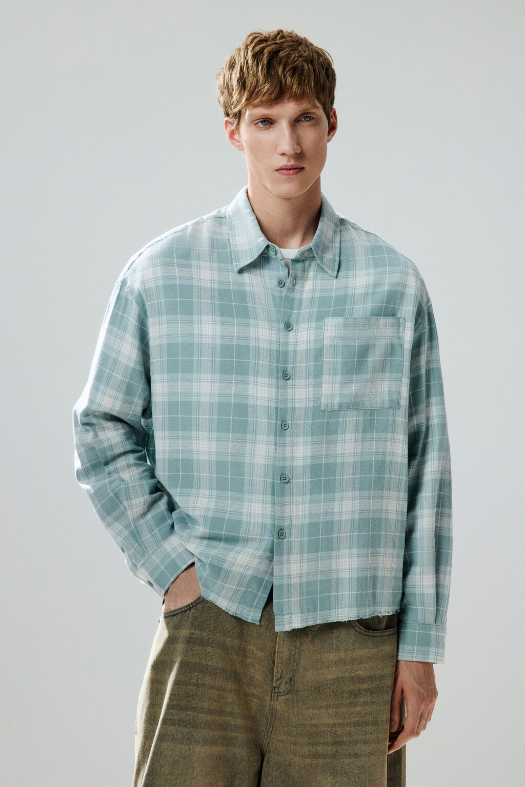 Рубашка в клетку с карманом - цвет мятный - 2