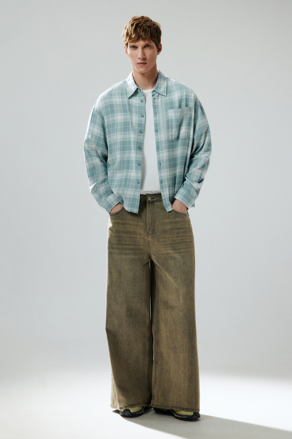 Рубашка в клетку с карманом - цвет мятный - 4