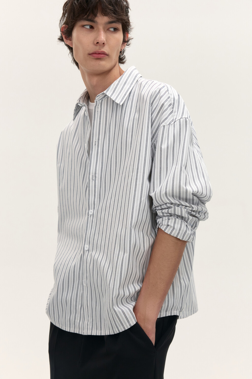 Рубашка хлопковая в полоску - цвет белый - 1