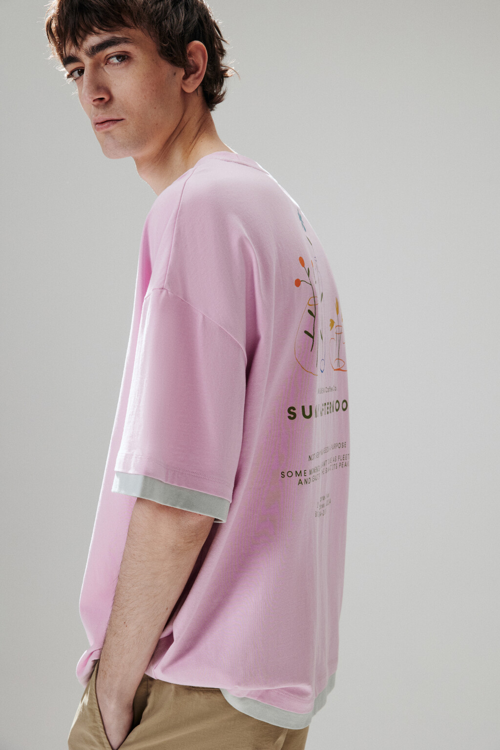 Футболка с принтом и имитацией второго слоя - цвет розовый - 1