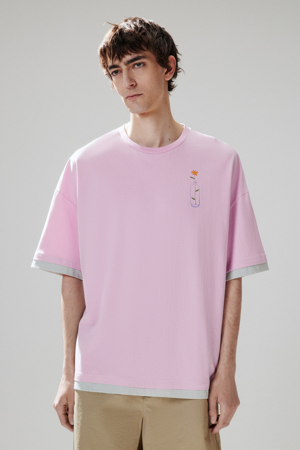 Футболка с принтом и имитацией второго слоя - цвет розовый - 2