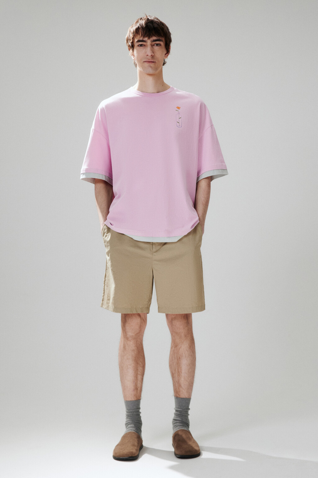 Футболка с принтом и имитацией второго слоя - цвет розовый - 4