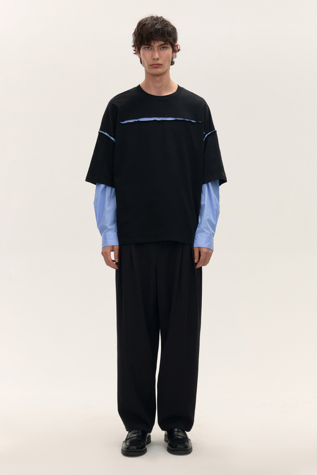 Лонгслив рваный с рубашкой в полоску - цвет черный - 5