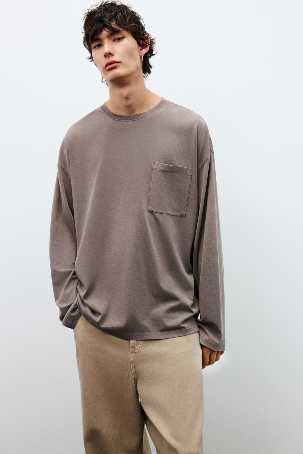 Лонгслив с вареным эффектом и карманом - цвет коричневый - 1