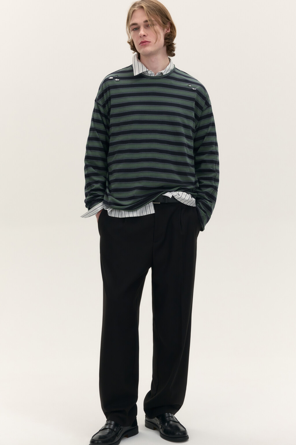 Лонгслив хлопковый в полоску - цвет зеленый - 1