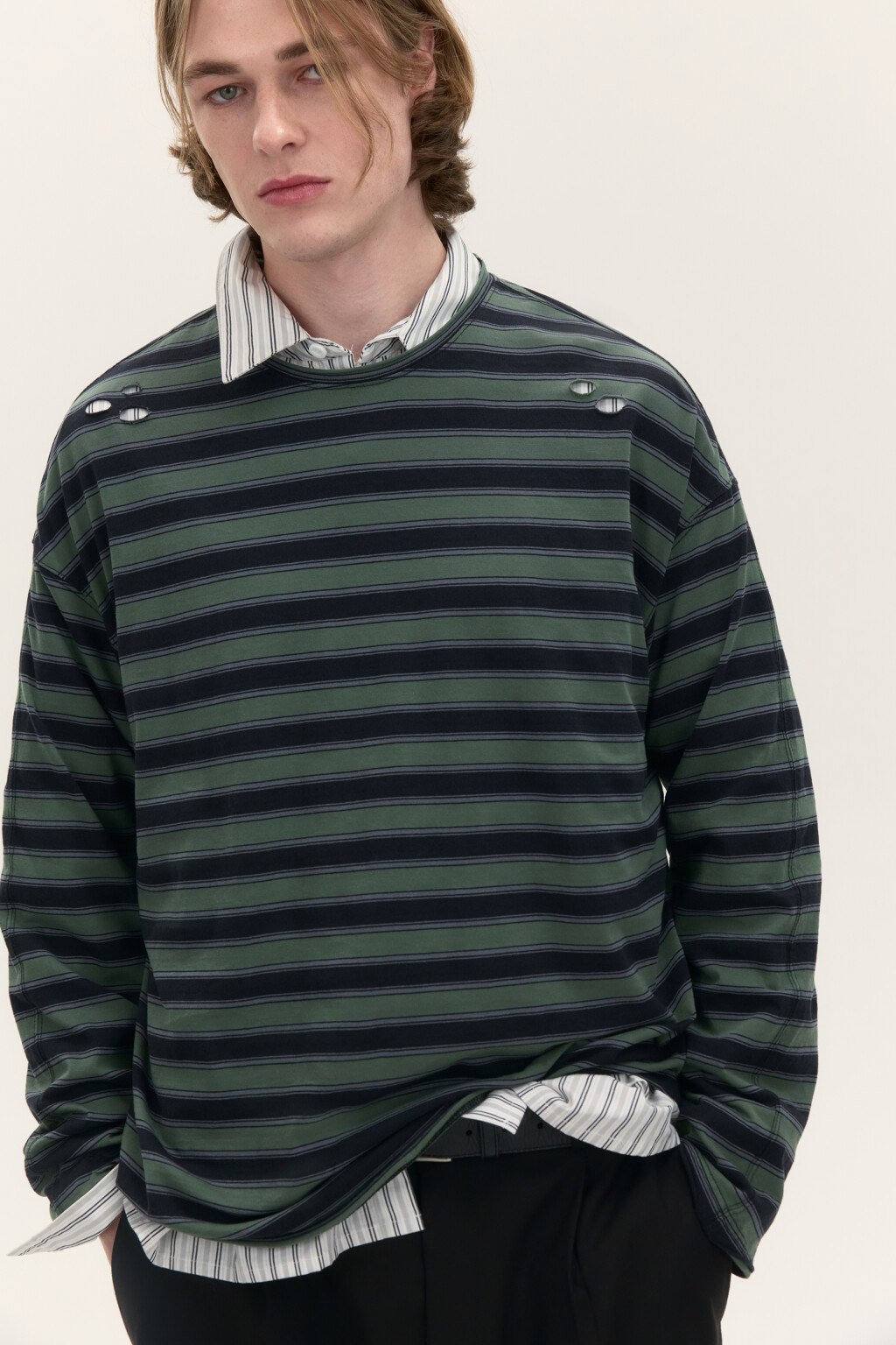Лонгслив хлопковый в полоску - цвет зеленый - 2