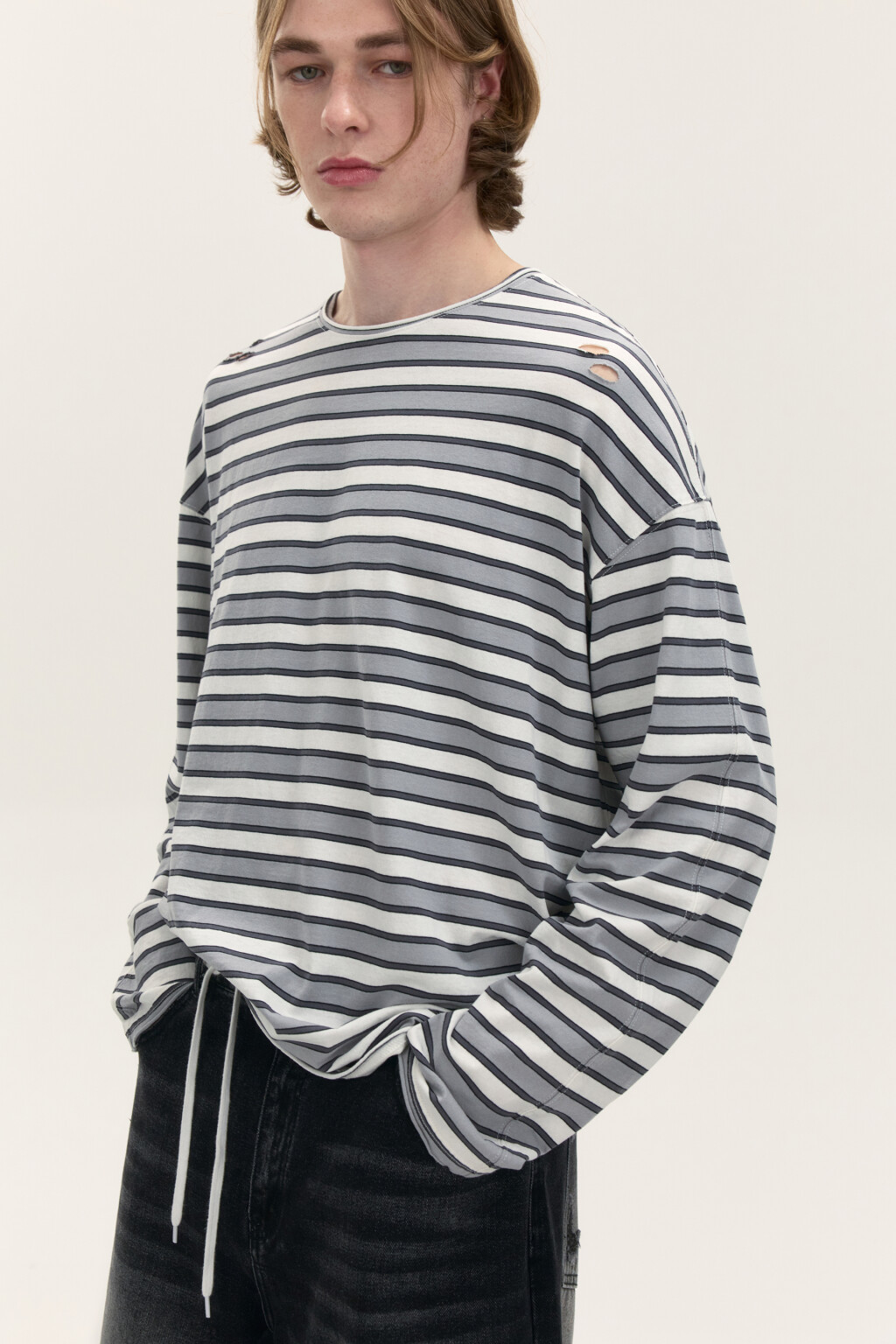 Лонгслив хлопковый в полоску - цвет серый - 1